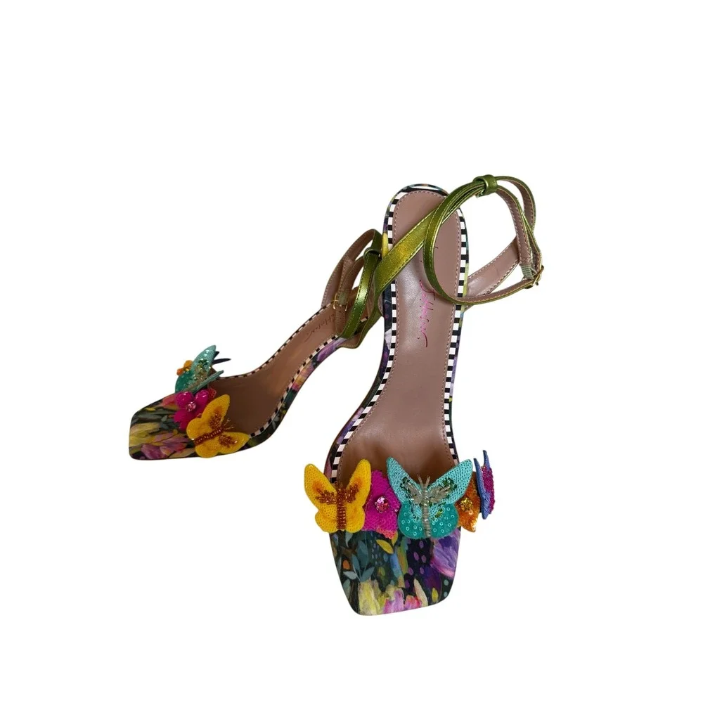 Betsey Johnson SB-BELA Butterfly Floral Clear Wedge Sandals Metallic Green 10M